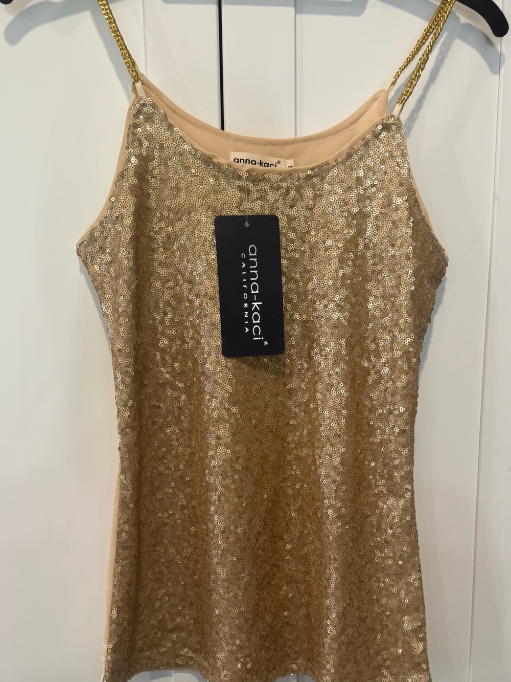 anna-kaci Gold Sequin Tank Top with Chain Straps
